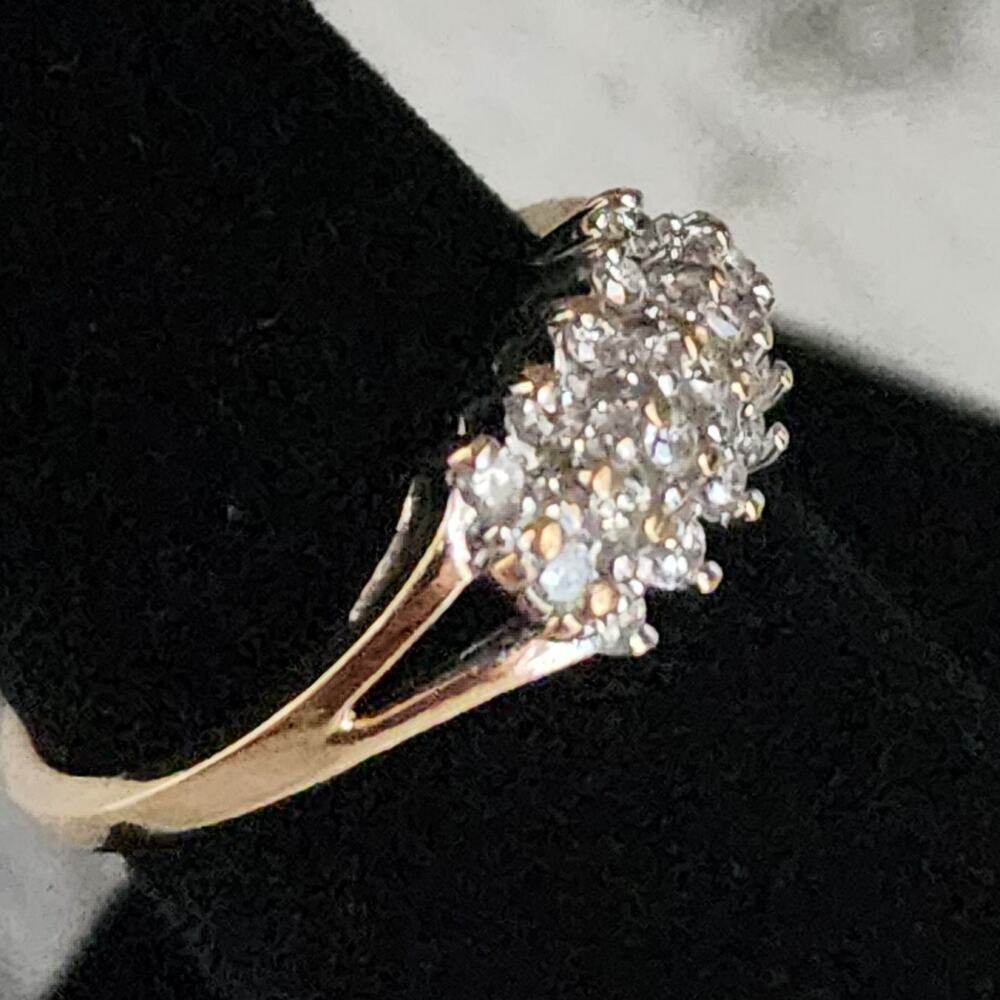 14K Fine Yellow Gold Diamond Cluster 3 Tier Open Work Accent Ring - Picture 9 of 14